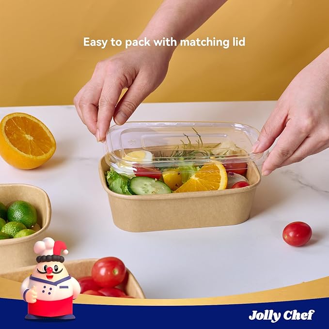 JOLLY CHEF 50 Pack Paper Food Containers with Lids, 19 oz Disposable Meal Prep Containers, Rectangular Paper Bowls with Lids for Thanksgiving, Christmas, Parties