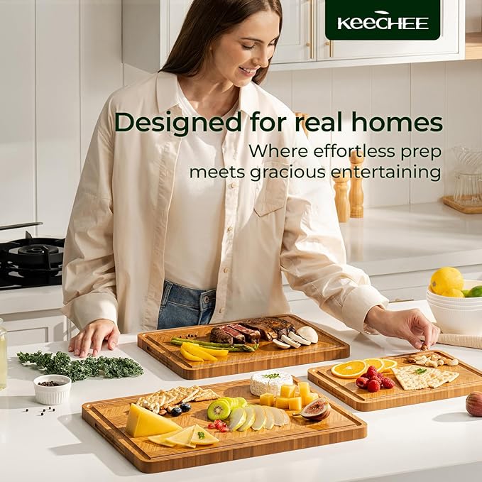 Bamboo Cutting Board, Reversible Wood Cutting Boards for Kitchen with Juice Grooves, Atelier Collection Handcrafted Large Serving Tray, Luxury Housewarming Wedding Gifts for New Home