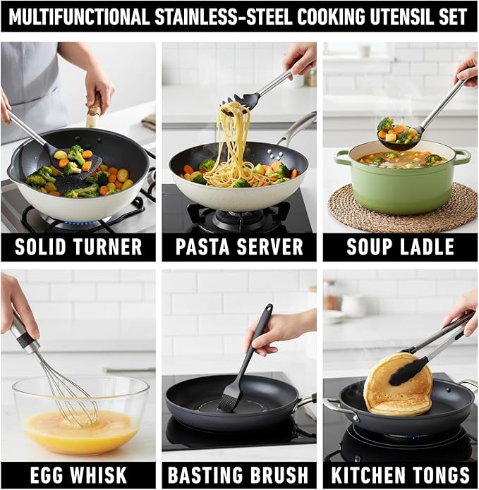 Silicone Kitchen Utensils Set 33 PCS silicone utensils set for cooking with Stainless Handles - Heat Resistant Food Grade Utensil Sets, BPA Free Kitchen Gadgets Tools Set for Nonstick Cookware (Black)