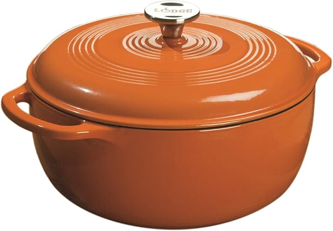 Lodge Essential Enamel Cast Iron Dutch Oven - Perfect for Bread Baking, Braising, Marinating & Slow Cooking - Features Moisture-Sealing Lid & Dual Handles - Kitchen Essentials - 6 Quarts - Pumpkin