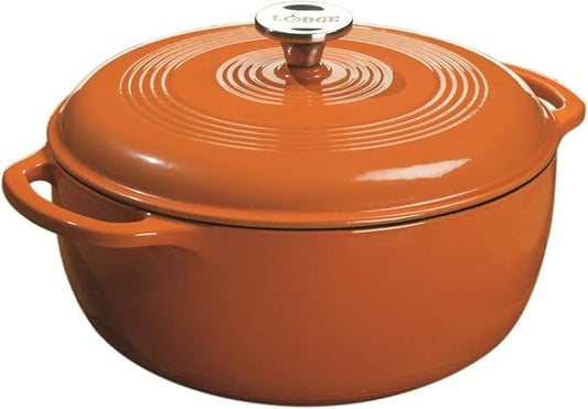 Lodge Essential Enamel Cast Iron Dutch Oven - Perfect for Bread Baking, Braising, Marinating & Slow Cooking - Features Moisture-Sealing Lid & Dual Handles - Kitchen Essentials - 6 Quarts - Pumpkin