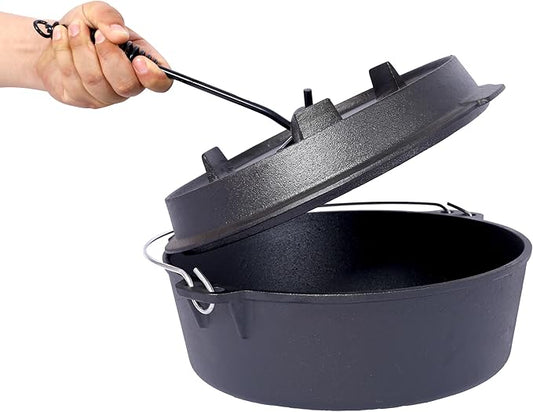 Pre-Seasoned Cast Iron Dutch Oven with Skillet Lid - 6 Quart Outdoor Camping Pot, Iron Pot Rack Included for Fireplace BBQ, Baking & Campfire Cooking