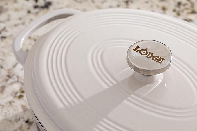 Lodge 7 Quart Enameled Cast Iron Oval Dutch Oven with Lid – Dual Handles – Oven Safe up to 500° F or on Stovetop - Use to Marinate, Cook, Bake, Refrigerate and Serve – Oyster White