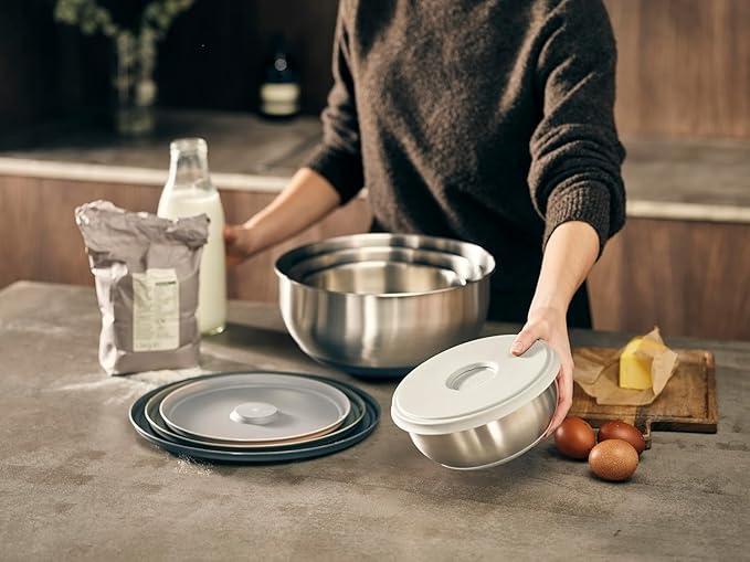 Joseph Joseph Prep&Store- Stainless Steel Mixing Nest Bowls with Lids, 8 piece Metal Bowl food Storage Set, Stainless Steel