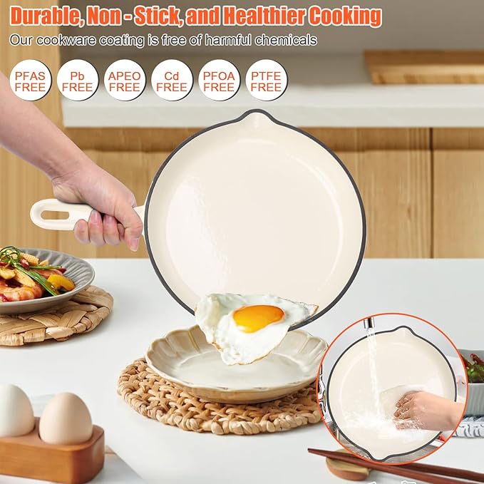QuliMetal Nonstick Enameled Cast Iron Cookware Set, 7-Pcs Pots and Pans with Lid, Frying Pan Skillet, Sauce Pan, Healthy Round Dutch Oven Pot for Sourdough Bread Baking on All Stovetop, Cream White