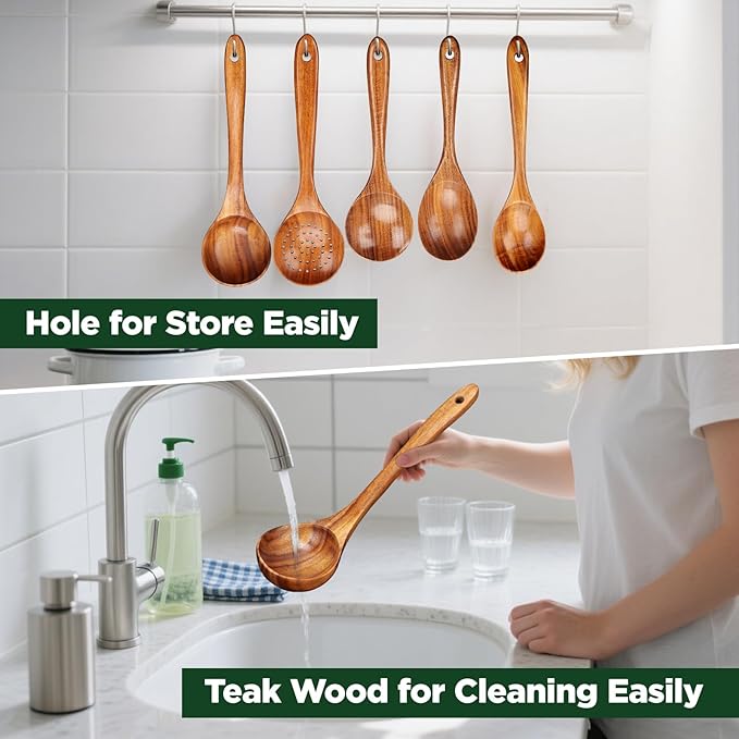 ANBUY Wooden Spoons for Cooking, 6 Pcs Teak Wood Kitchen Utensil Set with Spoon Rest, Ladle Salad Skimmer Spoon for Mixing Serving, Heat-Resistant Cooking Utensil, Gentle for Non Stick Cookware