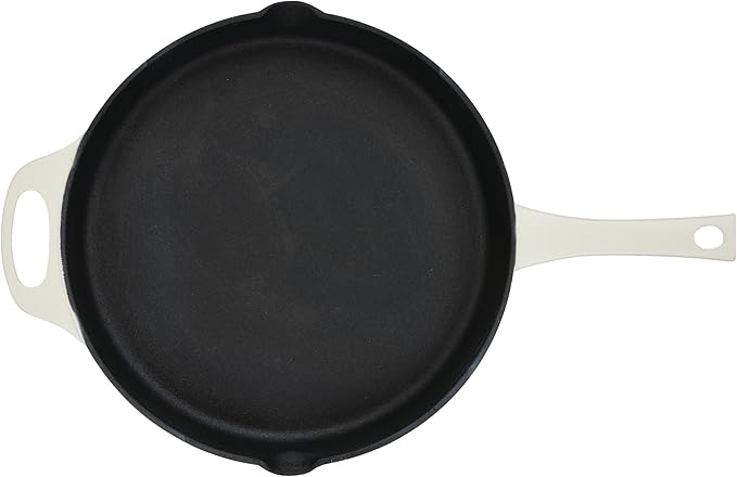 Rachael Ray NITRO Cast Iron Frying Pan/Skillet with Helper Handle and Pour Spouts, 12 Inch, Almond