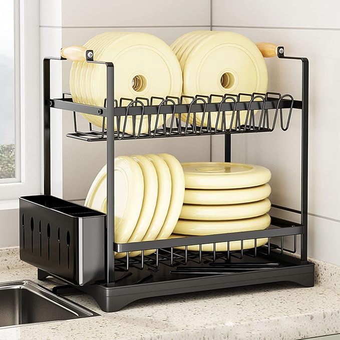 Large Dish Drying Rack, Multifunctional 2-Tier Dish Rack for Kitchen Counter, Anti-Rust Drying Dish Rack with Cutlery and Cup Holders for Various Kitchenware, Black