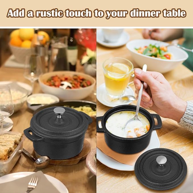 4 Pcs Mini Dutch Oven Small Round Iron Cocotte Black Dutch Oven Pot with Lid and Dual Handles Cast Iron Pot for Stovetop Use Marinate Cook Bake Refrigerate Garlic, Individual Servings(20 oz)