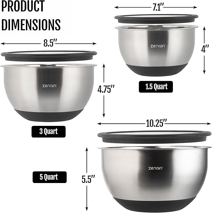 Premium Quality/Heavier Gauge Metal Mixing Bowls Stainless Steel Mixing Bowls with Lids Set 3-Piece Dishwasher-Safe Clear Glass Lids, No Plastics