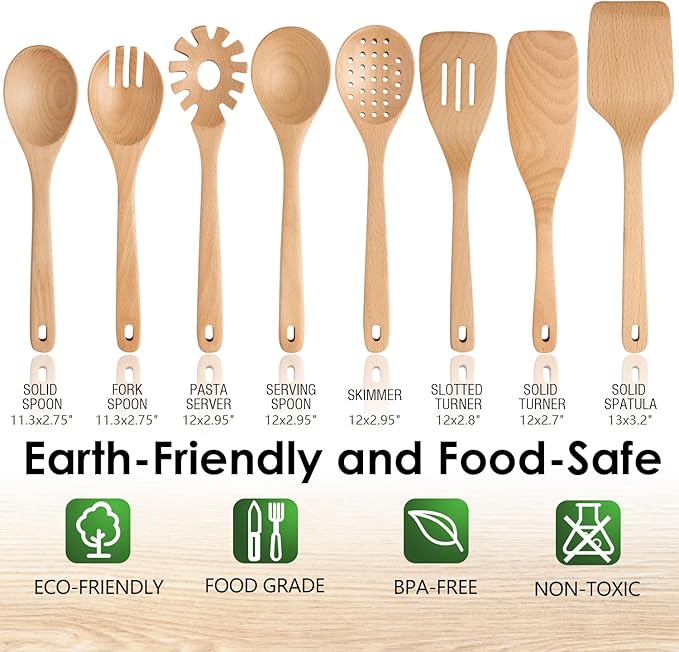 Wooden Spoons for Cooking, Beech Wood Kitchen Utensil Set, Premium Handmade Wooden Cooking Utensils for Nonstick Cookware, Heat Resistant, Smooth Finish, Comfortable Grip, 8 Piece