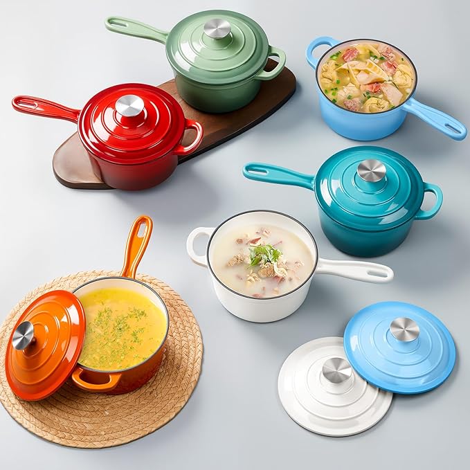 Enameled Cast Iron Sauce Pan with Lid, Leonyo 2 Quart Saucepan with Lid, Enamel Cast Iron Dutch Oven for All Cooktops Making Pasta Sauce, Milk, Oatmeal - Up to 500°F & 6.7Lbs, Lake Blue