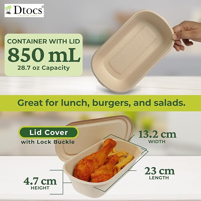 Dtocs Disposable Meal Prep Containers with Lids 28 oz (50 Pack) – Heavy Duty Bamboo Fiber Food Containers | Leak Resistant, Microwave & Freezer Safe No Plastic To Go Boxes for Catering, Takeout Meals