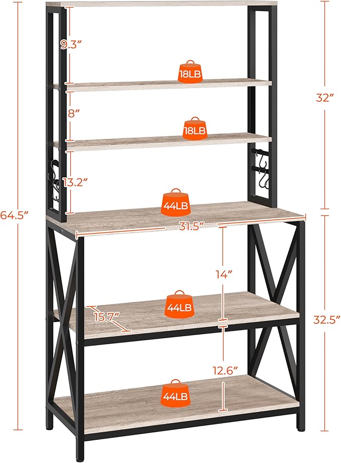 Yaheetech 6-Tier Kitchen Bakers Rack, 31.5 Inch Coffee Bar Table, Farmhouse Microwave Oven Stand Cabinet for Small Spaces, Corner Organizer Storage Shelf for Spices and Pots, Grey