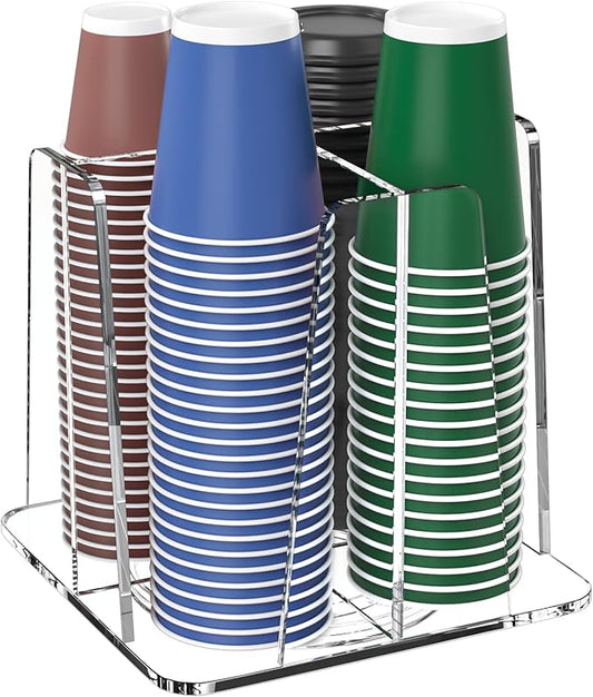 Coffee Cup Organizer for Countertop - Rotating Plastic Cup Holder 4 Compartments Clear Acrylic Cup and Lid Holder for Coffee Bar Restaurant Breakroom Disposable Paper Coffee Cup Dispenser