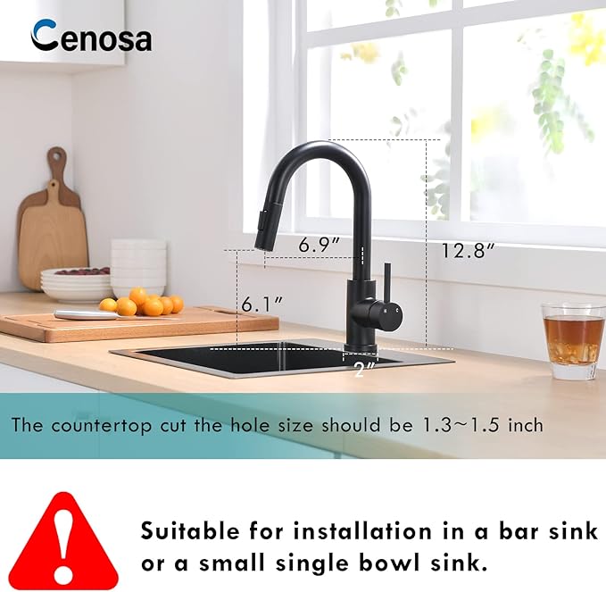 Modern Bar Sink Faucet for Kitchen Sink Single Handle with Pull Out Sprayer Hot and Cold Prep Sink Faucet Matte Black