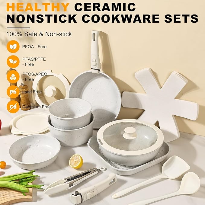 21 Pcs Pots and Pans Set Non Stick, Ceramic Cookware Set Detachable Handle, RV Kitchen Cooking Set Removable Handles, Oven Safe, Induction ReadyStackable Non-stick set Cream White
