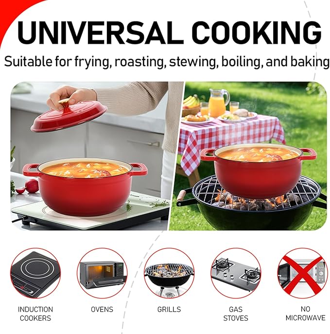 ROVSUN 5 Quart Enameled Cast Iron Dutch Oven with Lid, Dual Handles, Oven Safe up to 500°F or on Stovetop, Compatible for Braising, Stews, Roasting, Bread Baking-Red