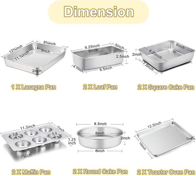 TeamFar Stainless Steel Bakeware Set of 11, Toaster Oven Baking Pan Set, Lasagna Pan, Square & Round Cake Pan, Loaf Pan & Muffin Pan, Healthy & Heavy Duty, Dishwasher Safe & Smooth