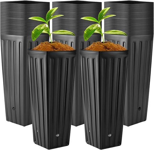 Nuenen 100 Pcs Tall Tree Pot Plastic Deep Plant Nursery Pots Black Seedling Treepots Flower Plant Container with Drainage Holes for Indoor Outdoor Gardening (11.8" H X 5.9" W)