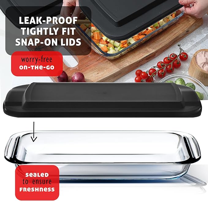 EATEX 8-Piece Deep Glass Casserole Dishes for Oven with Plastic Lids, Glass Baking Dishes for Oven, Rectangular Bakeware for Lasagna, Cooking, Leftovers, Kitchen, Freezer to Oven Dishwasher Safe