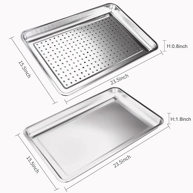 Extra Large 23.5"x15.5" Heavy Duty Commercial Grade 304 Stainless Steel Baking Sheet Set - 2Pcs Cookie Sheets,Uncoated & Non-Toxic, Solid & Perforated Pans for Roasting,Draining,and Food Prep