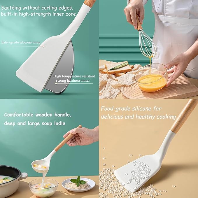 Kitchen Utensils Set,Caliamary 19 PCS Cooking Utensils Set with 360° Rotating Holder,Non-Stick Heat Resistan Kitchen Tools and Gadgets with Anti-slip Handle,Silicone One-Piece Molding (White)