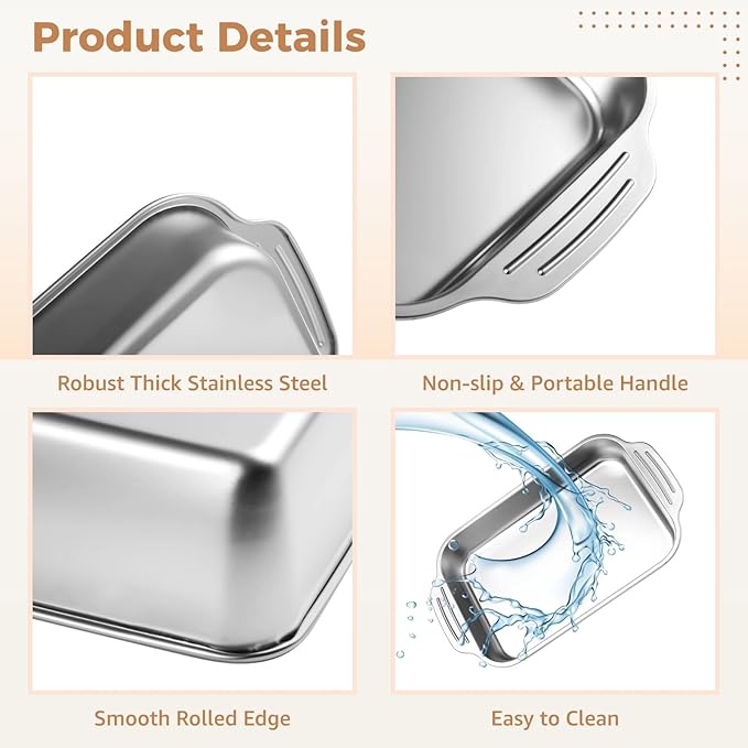 2 Pcs Stainless Steel Cake Pans, 9x13 Rectangular Baking Pans with Silicone Brush & Spatula, Cake Baking Trays with Double Handle, Rectangle Baking Bakeware for Breads, Meats (Without lid)