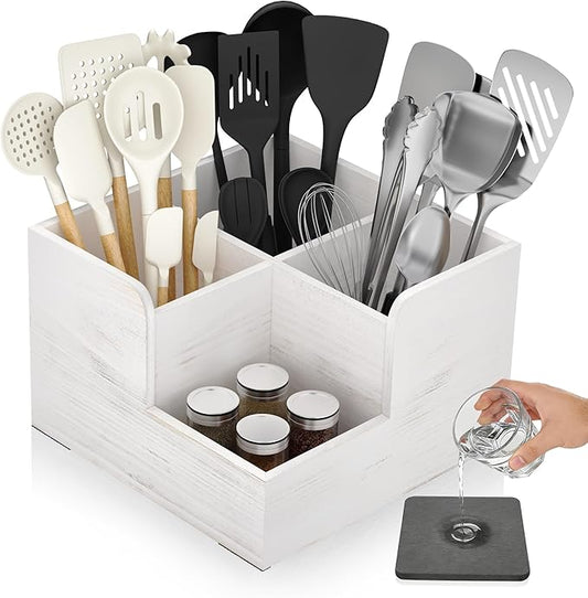 Yofidra Kitchen Utensil Holder with Stone Drying Mats, 4 Compartments Corner Utensil Holder for Kitchen Countertop, Extra Large Silverware Organizer (White)