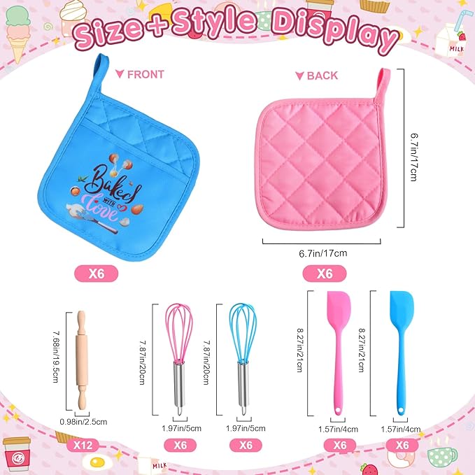 48 Pcs Kids Mini Baking Supplies with Kitchen Utensil, Pot Holders, Spatula, Rolling Pin, Whisk for Kids Classroom School Exchange Party Favors (Medium)