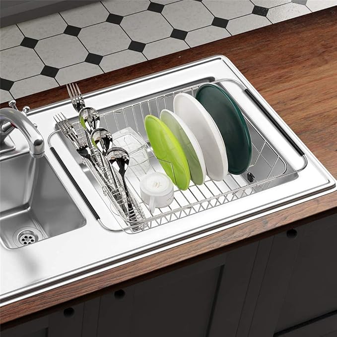 SANNO Expandable Dish Drying Rack,Large Dish Drainer Drainwith 4 Division Utensil Silverware Cutlery Holder, Expandable Dish Rack Shelf Dish Rack in Sink or Over Sink On Counter Stainless Steel