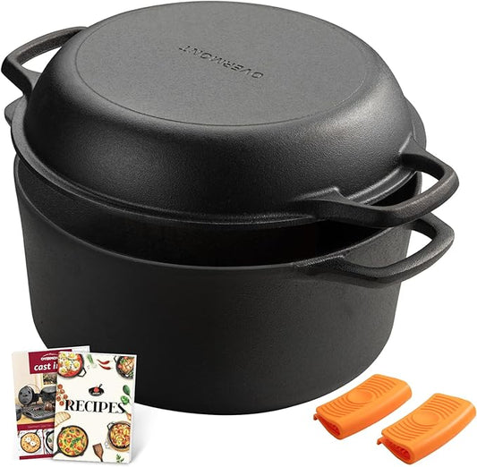Overmont 2-in-1 Cast Iron Dutch Oven - 7QT Pre-Seasoned All-in-One Casserole Braising Pan with Skillet Lid Cookbook & Silicone Handle Covers - Heavy Duty Oven-Safe Pot for Bread Baking Frying Camping