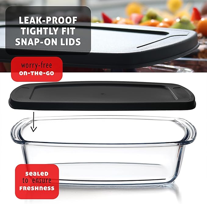 EATEX 7-Pack Glass Food Storage Containers with Lids Baking Pans Set, Glass Baking Dishes for Oven | 4 Casserole Dishes for Oven and 3 Glass Bread Pans for Bread Baking, Oven Microwave Freezer Safe