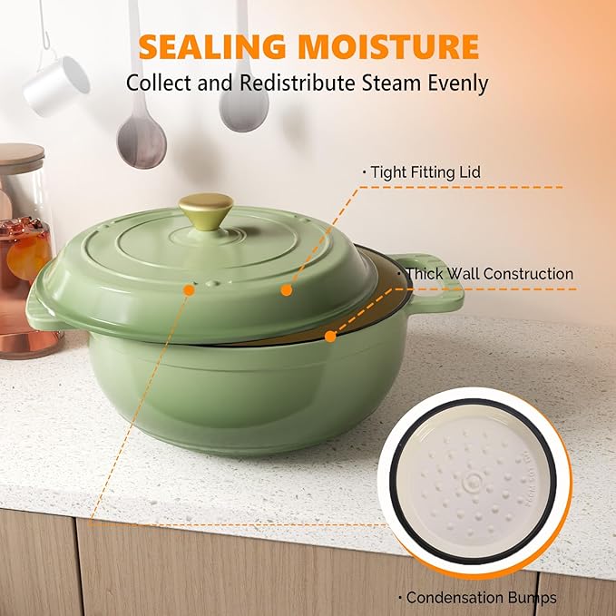 ROVSUN Enameled Cast Iron Round Dutch Oven, 7.5QT Pot with Lid &Dual Handles with Silicone Gloves,Oven Safe up to 500°F, Heavy-Duty Pre-Seasoned Cookware for Bread Baking, Braising, Stews, Roasting, Sage Green