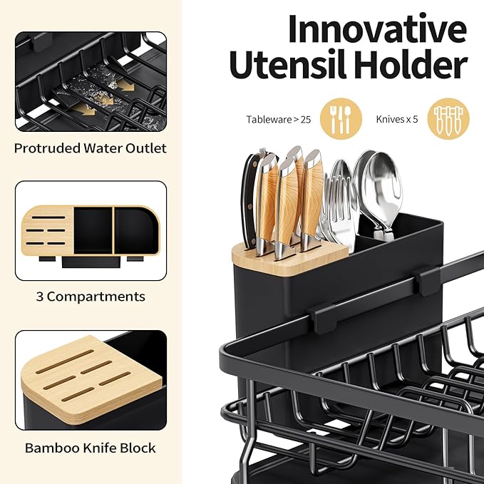 Expandable Dish Drying Rack for Kitchen Counter, Large Extendable Dish Rack with Bamboo Cover Cutlery Holder, Multifunctional Adjustable Dish Dryer Drainer
