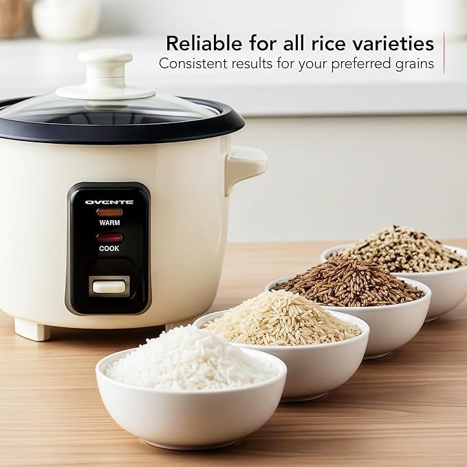 OVENTE Electric Rice Cooker 4-Cups (Cooked) with Removable Nonstick Pot, Keep Warm Function, Cooks Grain, Oatmeal and Makes Soups, Stews or Hot Cereals, Includes Measuring Cup and Spatula, Cream RC04C