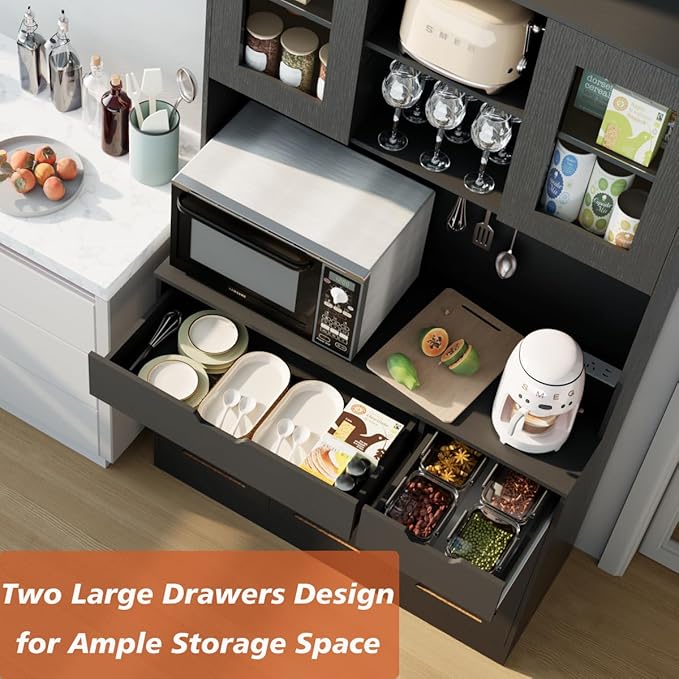 71" Tall Kitchen Pantry Storage Cabinet Large Farmhouse Hutch Cabinet with Microwave Stand, Charging Station, Adjustable Shelves, Countertop for Dining Room, Living Room, Black