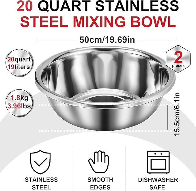 2 Pack Large Mixing Bowl 20 Qt Oversized All Purpose 304 Stainless Steel Polished Mirror Flat Base Metal Bowl for Home or Commercial Prepping Baking Mixing Marinating