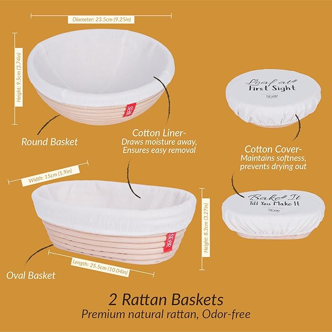 SEOR 10Pc Premium Sourdough Starter Kit; Complete Bread Baking Kit with Jar; Includes 2 Sourdough Proofing Baskets, Glass Fermentation Jar, Sourdough Tools & Baking Supplies for Artisan Loaves