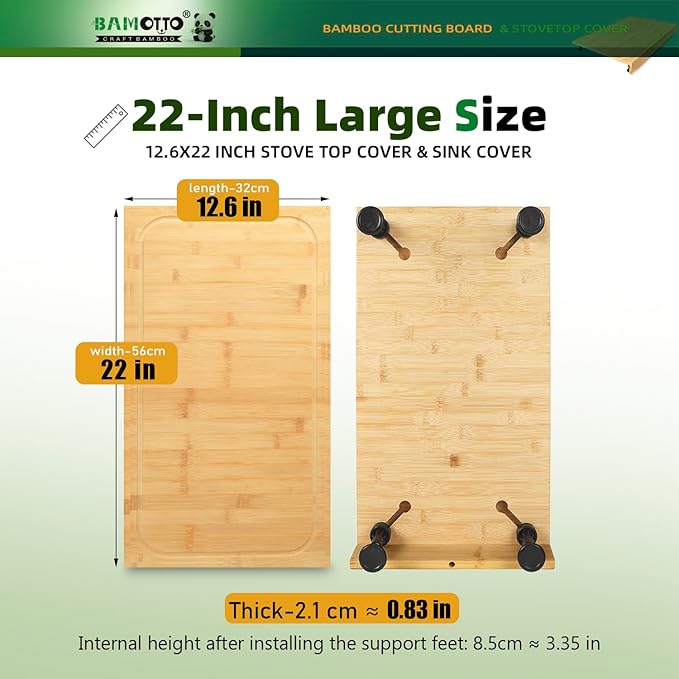 12.6 x 22 Inch Bamboo Cutting Board, Over-the-Sink and Stovetop Cover Board with Detachable Legs & Front Lip, Space Saving Countertop Board