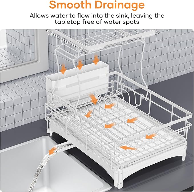Dish Drying Rack for Kitchen Counter, Extendable Dish Rack with Drainboard, Kitchen Countertop 2 Tier Dish Drying Rack, Expandable Dish Strainer with Cutlery Holder, Removable Cutlery Holder（White）