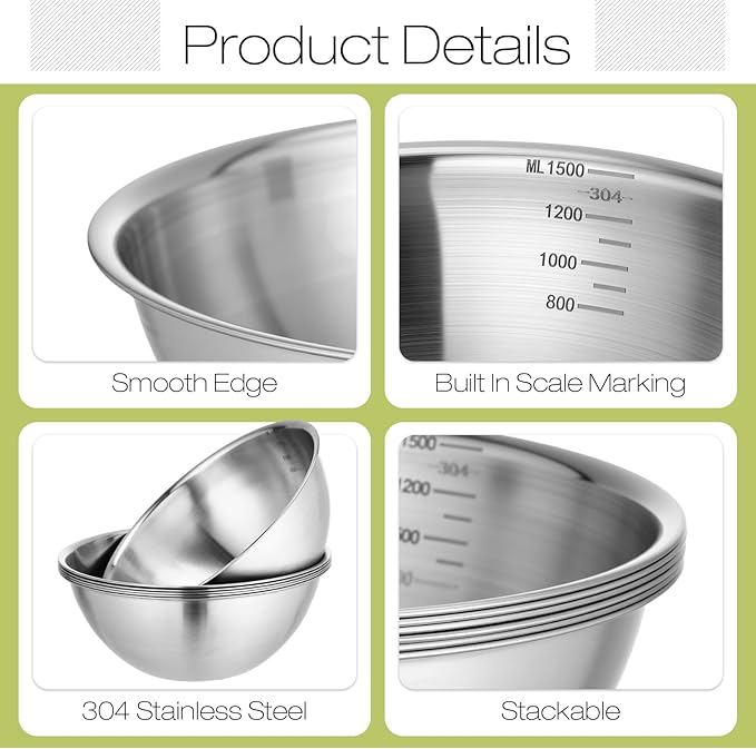 Honeydak 12 Pcs 304 Stainless Steel Mixing Bowls with Graduations, Salad Bowls Metal Serving Reusable Baking Food Storage Containers for Baking, Cooking, Salads, Soups, Ice Cream, Noodles (40 oz)