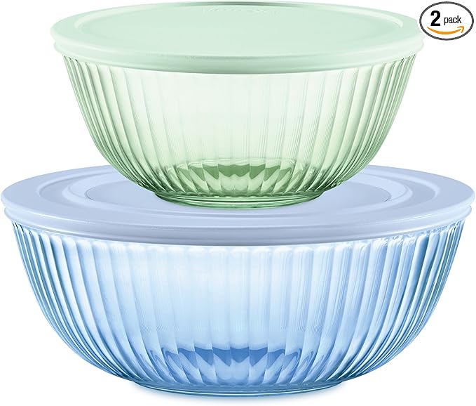 Pyrex Colors (2-Pack) Sculpted Tinted Medium/Large Glass Mixing Bowls With Plastic Lids, Nesting Space Saving Set of Bowls For Prepping and Baking, 2.3QT & 4.5QT