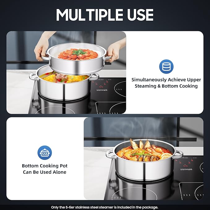 5-Tier Stainless Steel Steamer, Stainless Steel Steamer Basket Multi-Layer Cookware Steamer Pot Food Grade Steamer Pot with Glass Lid and Handles for Home Kitchen Restaurant Hotel (Silver A, 11inch)