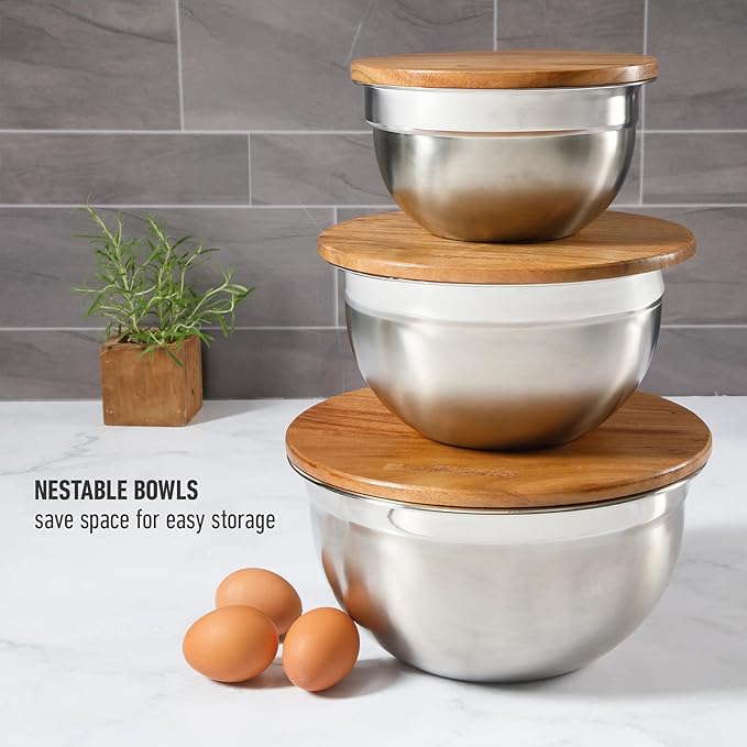 Calphalon Orbit 3 Piece Mixing Bowl Set W/Acacia Wood Lids