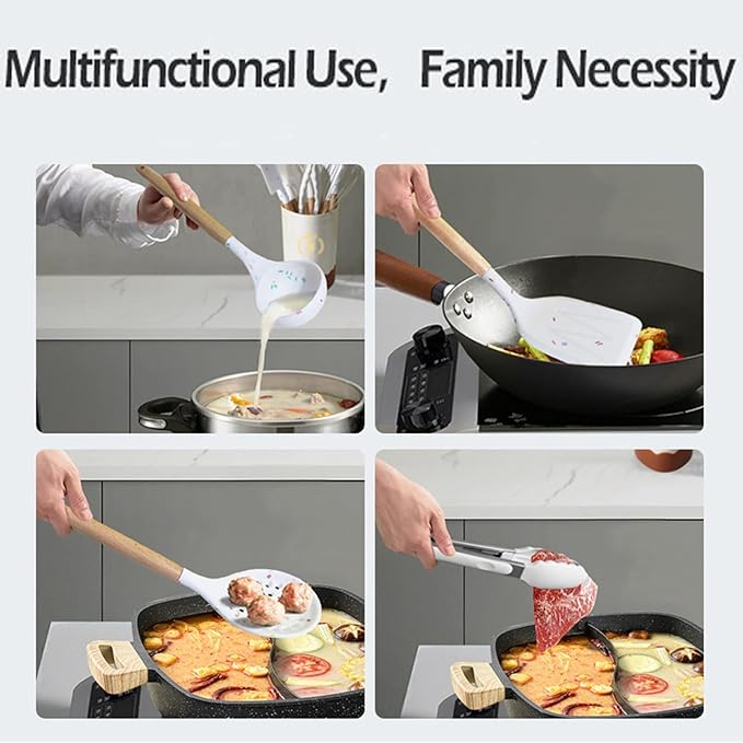 Blue Silicone Kitchen Cooking Utensils Set, Heat Resistant Silicone Kitchen Gadgets Utensils Set with Wooden Handle,Silicone Spoons Spatula Whisk with Holder for Nonstick Cookware