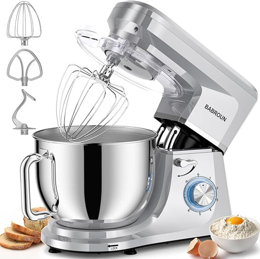 Dough Mixer 8.45 QT Electric Mixer - 660W 6 Speed Large Capacity Kitchen Stand Mixer with Whisk Dough Hook Mixing Beater Household Food Mixer for Baking Cakes Cookie Bread Salad(Silver)