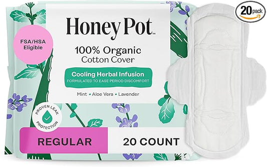 The Honey Pot Company - Herbal Sanitary Pads for Women - Regular Flow w/Wings - Infused w/Essential Oils for Cooling Effect & Organic Cotton Cover - Feminine Care - 20 ct