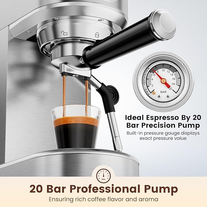 Espresso Machine 20 Bar, Compact Espresso Maker, Stainless Steel Expresso Coffee Machines with Steam Milk Frother & 34oz Removable Water Tank for Cappuccino, Latte, Home Office Use, Silver