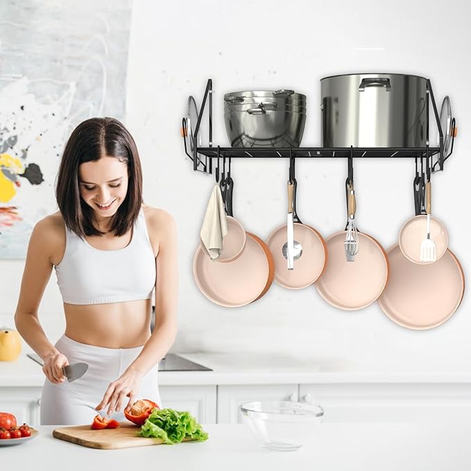 28 Inch Pot Rack Wall Mounted, Pots and Pans Organizer with 12 Hooks and 2 Pot Lid Holders, Heavy Duty Steel Pot and Pan Hanger for Kitchen Cookware Utensils Storage 34.7" Lx13 Wx12.6 H